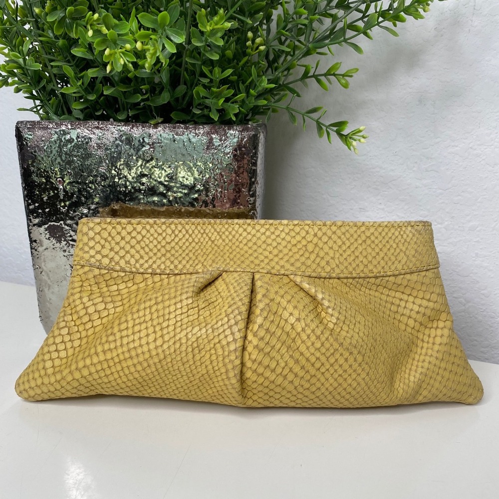 Lauren Merkin Clutch Womens Yellow Snakeskin Embossed Pleated Evening Bag Chic